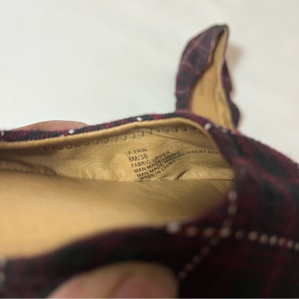 Lucky Brand Erin Plaid Ballet Flats Slip On Burgundy/blk/wht Fabric Shoes Sz 8M